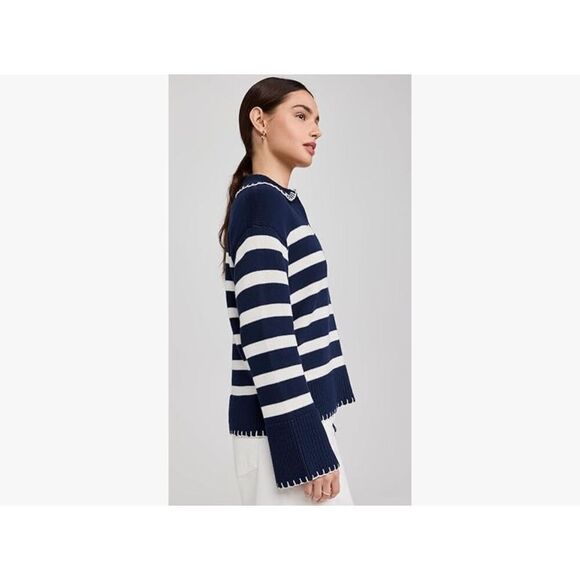 NEW Blue V Neck Striped Oversized Collared Chunky Knit Pullover Sweater m - Picture 7 of 7